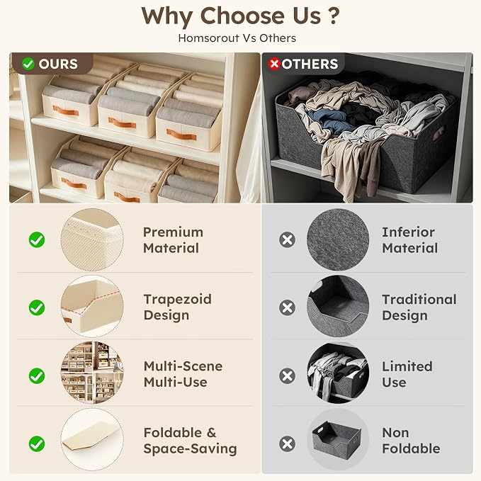 Homsorout Fabric Storage Bins for Organizing - 10 Pack Large Trapezoid Collapsible Storage Bins with Front Handle, Closet Organizers and Storage for Bedroom, Home Shelves, Small Spaces, Beige