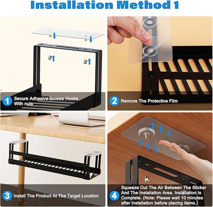 PAVSTINE 2 Pack Under Desk Cable Management Tray, 17 in | Dual Mount Adhesive & Screw, Metal Wire Basket, Holds Up To 15 Lbs, Power Strip Holder Cord Hider for Home/Office Desk