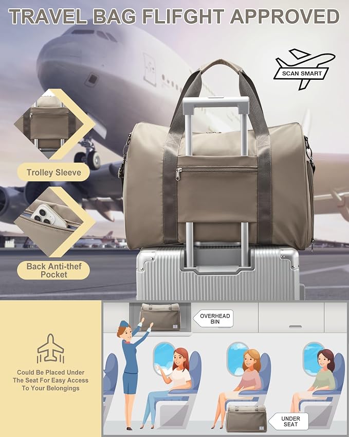 Travel Duffel Bags for Women Mens, Weekender Bag with Shoe Compartment Carry on Overnight Bag with Laptop Compartment Personal Item Travel Bag Gym Bag Hospital Bag Khaki