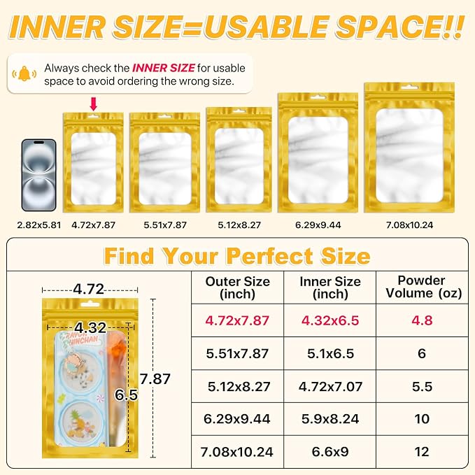 100 PCS Resealable Mylar Bags with Frosted Clear Window Bags Packaging Bag Foil Pouch Zipper Bag for Food Self Sealing Storage Supplies (4.72x7.87, Golden)