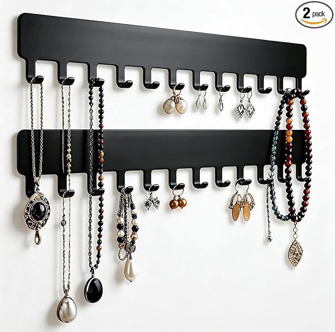 Self-Adhesive Metal Necklace Organizer, Sturdy Necklace Holder Wall Mounted with Hooks for Tangle-Free Jewelry Storage, Self-Adhesive Hanging Jewelry Organizer, No Drilling, 2 Pack (Black)