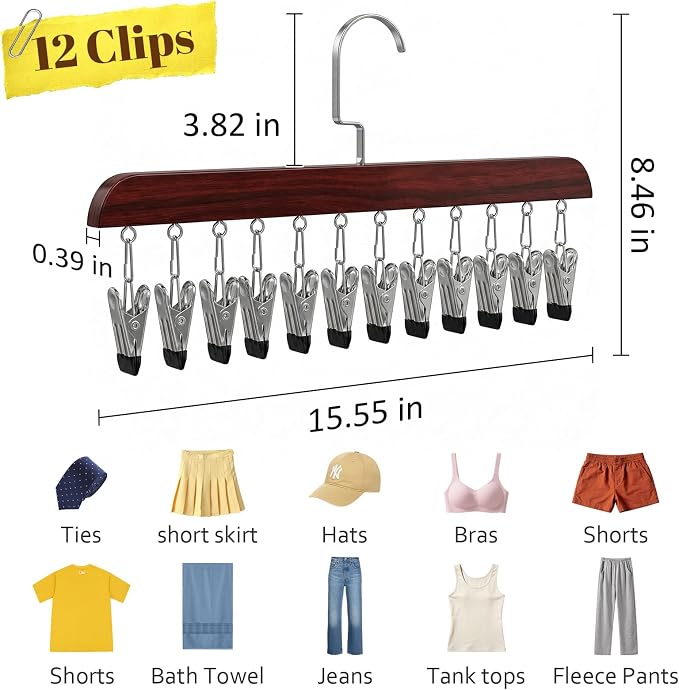 Space Saving Hanging Clothes Organizer with 12 Clips Multi-Purpose Storage for Leggings, Jeans, Skirts, Scarves, Hats, Socks(Vintage-2PCS)