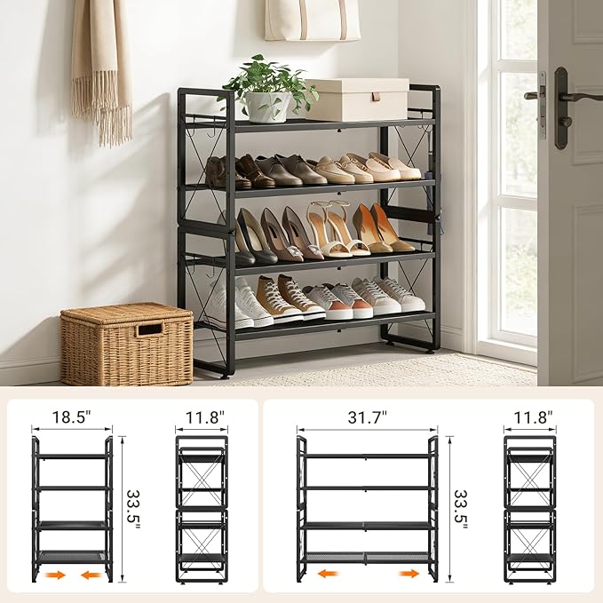 ELYKEN Shoe Rack, 4-Tier Expandable Shoe Organizer for Closet, Metal Black Shoe Shelf with 8 Hooks, Adjustable Shoe Stand Holder for Entryway, Garage, Door Entrance