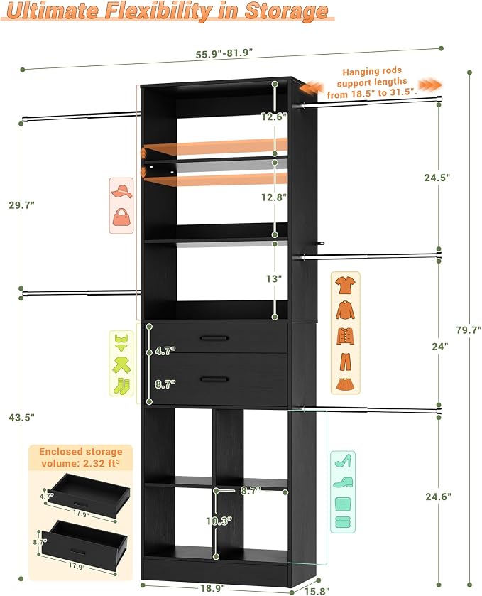 Besiost Small Closet System, 3.2-6.8FT Small Closet Organizer with 2 Wooden Drawers & 5 Hanging Rods, Can Fit 37.5 to 81.9 inch Walk-in Closet System, Built-in, Black, Enclosed Storage Volume 2.32 ft³