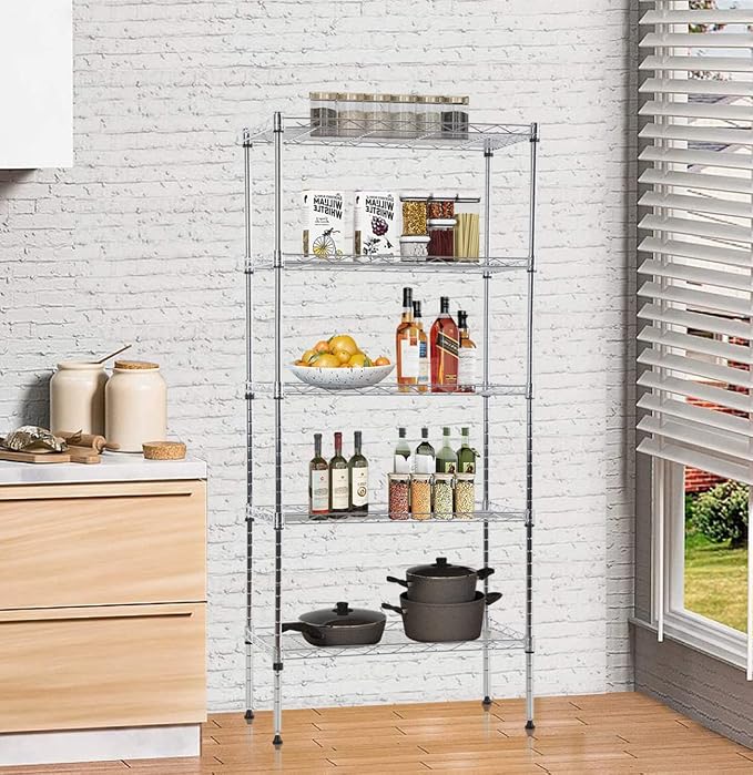 5-Tier Shelving Unit Adjustable Metal Shelves 48" H Storage Rack Wire Shelf for Pantry Kitchen Closet Organization Space Saving, 750LB Capacity, 11.6" D x 21.5" W x 47.6" H, Chrome