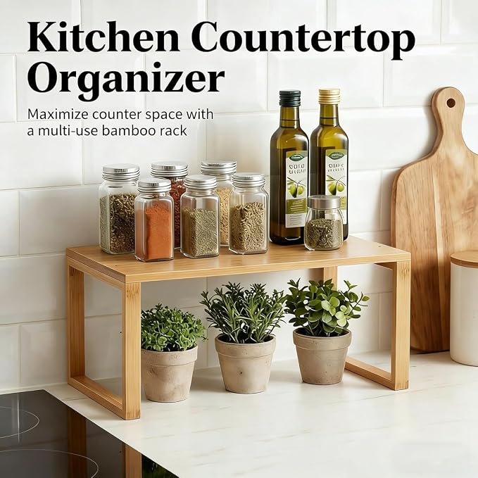 JinDoWin Bamboo Kitchen Cabinet Organizer Shelf,Spice Rack Organizer for Cabinet,Efficient Spice Organization for Cabinet,Versatile Pantry Organizers and Storage,Maximize Counter & Cabinet Space