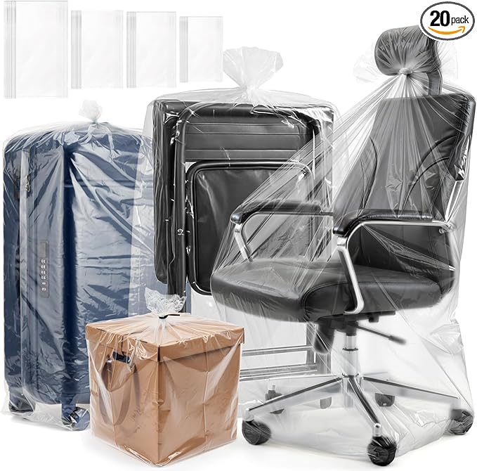 Tebery 20 Pcs Extra Large Plastic Storage Bags, Clear Dustproof Furniture Luggage Covers for Moving, Reusable Heavy Duty Storage Moving Bags for Chair Clothes Suitcase, 4 Size
