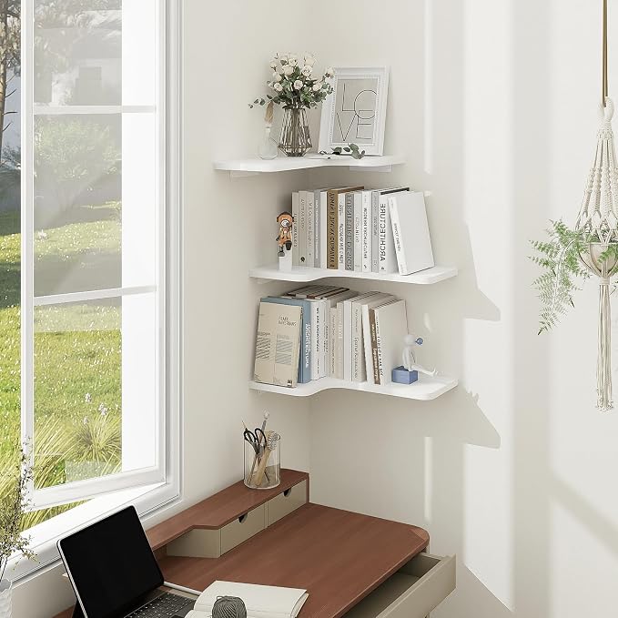 Homode Corner Floating Shelves, Set of 3 Corner Wall Shelves with Wire Hole, L-Shaped Wood Hanging Storage Shelf for Wall Decor, for Bathroom Kitchen Bedroom, White