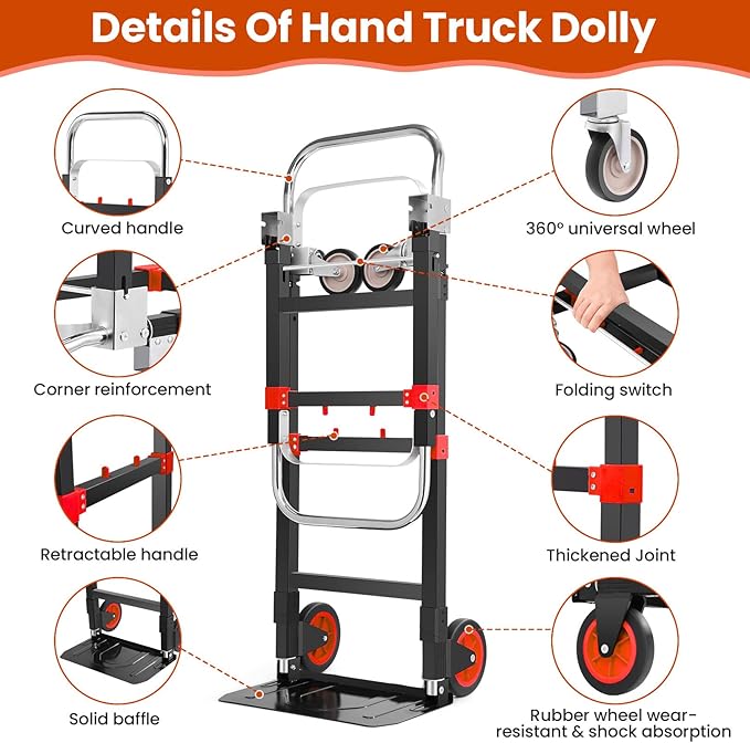 3-in-1 Folding Hand Trucks, 600Lbs Convertible Hand Truck Dolly, Heavy Duty Convertible Dolly with Retractable Handle and 4 Rubber Wheels, Collapsible Cart for Moving Office/Home/Warehous(Red)