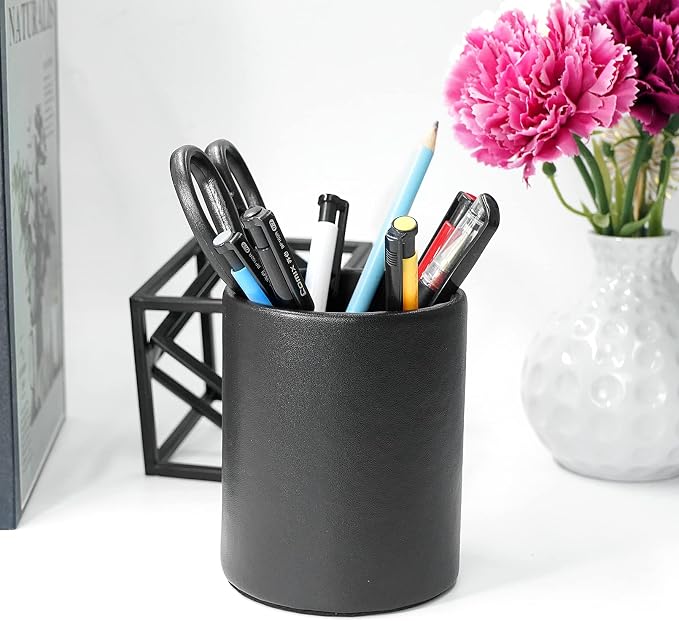 DreamsEden Pencil Holder, Leather Pen Cup for Desk (Round, Black)