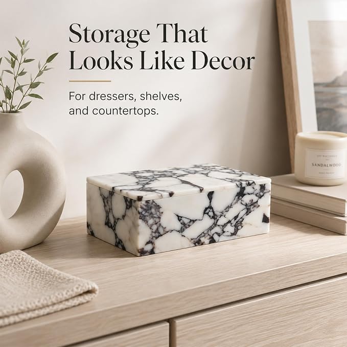 Natural Marble Rectangle Jewelry Box with Lid, 7.87 in | A rectangle marble box for watches, jewelry, slim glasses, hair ties, and dresser-top organization.