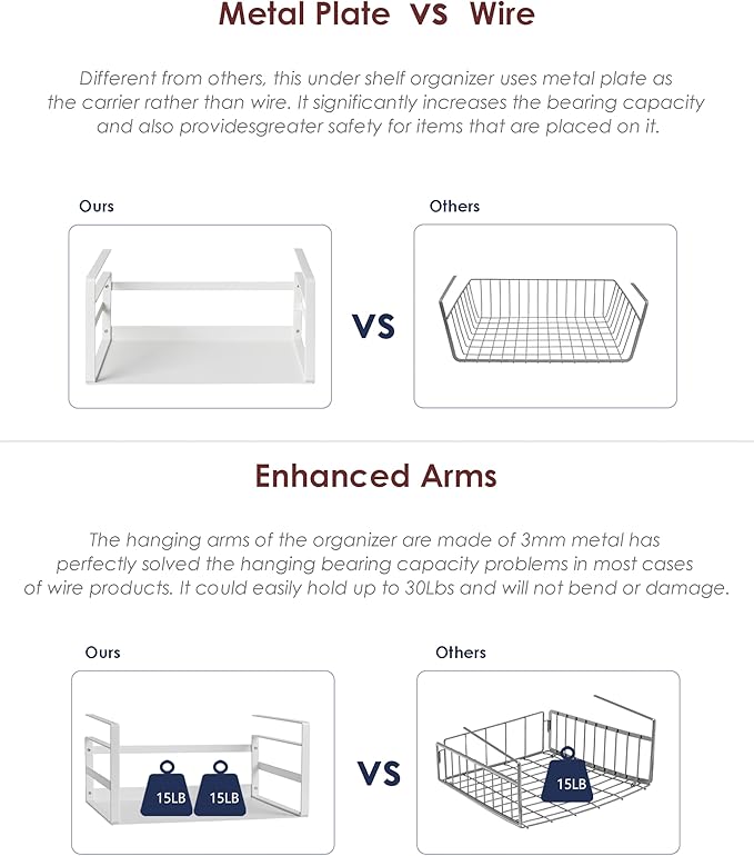 Nxconsu Under Shelf Basket, 2 Pack Under Shelf Storage Organizer, 11" | Heavy-Duty Metal Under Cabinet Shelf Basket Holds 30 lb with No-Drill Knob-Lock Clamp for Kitchen Pantry Cupboard