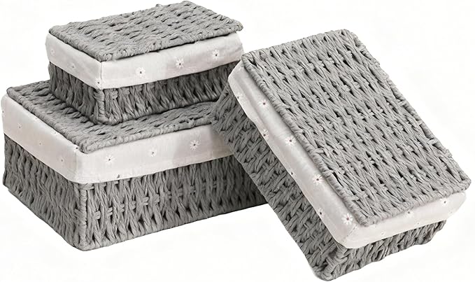 1PC Woven Storage Basket with Lid for Closet Shelf-Grey Medium | Bathroom, Closet & Shelf Storage Basket, Sewing & Towel Basket, Blanket & Toy Storage, Woven Basket with Liner