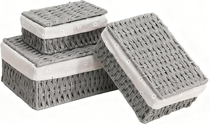 1PC Woven Storage Basket with Lid for Closet Shelf-Grey Small | Bathroom, Closet & Shelf Storage Basket, Sewing & Towel Basket, Blanket & Toy Storage, Woven Basket with Liner