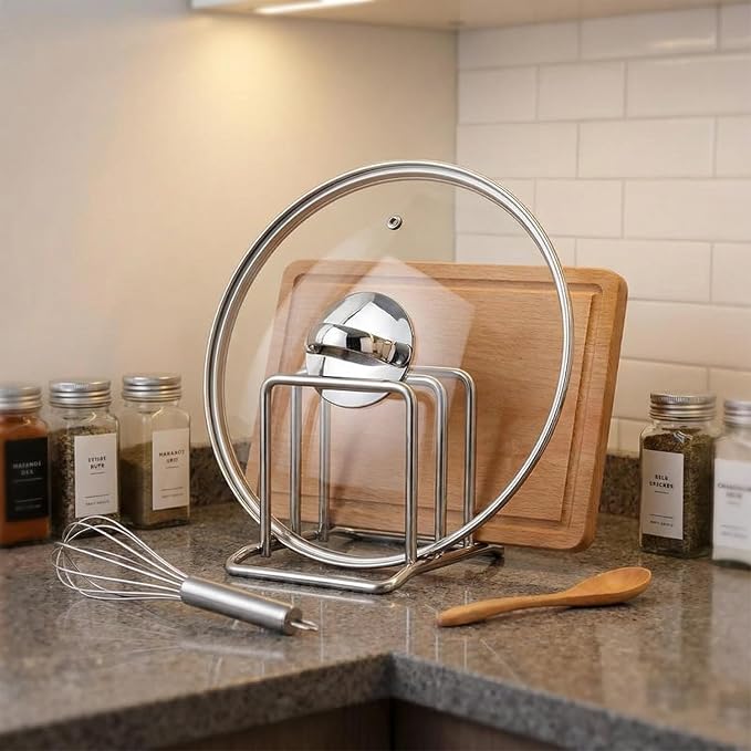 Stainless Steel Cutting Board Organizer,Cutting Board Holder Stand，Pot Lid Organizer, Kitchen Storage Rack for Lids and Boards,Cutting Board Stand for Countertop-(Black)