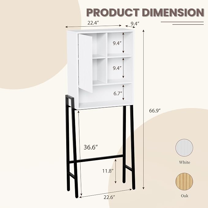 24" W Over The Toilet Storage Cabinet with Fluted Door,Bathroom Organizers and Storage with Adjustable Shelves, Modern Over Toilet Organizer for Bathroom,Restroom,Laundry,White