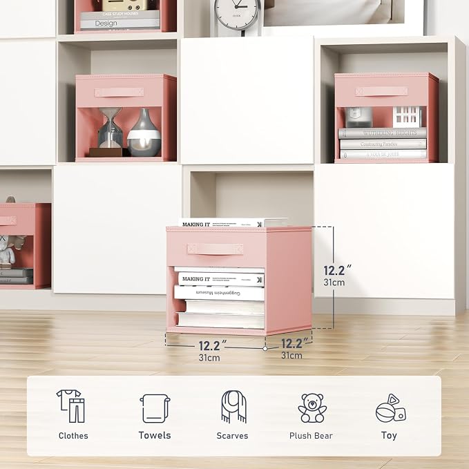 DIMJ Cube Bins, 12.2-Inch Storage Bins Cubes with Window, 6 Packs Collapsible Storage Bins with Handles, Closet Storage Baskets for Organizing Living Room, Office, 6 Pack,Pink