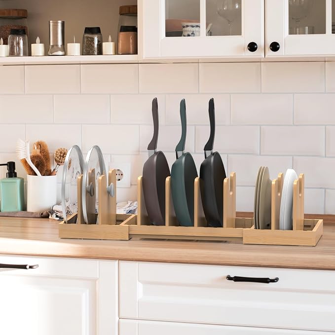 Pots and Pans Organizer Under Cabinet,Bamboo Pot Lid Organizer | Expandable Pan Organizer, Pot and Pan Organizer Rack for Kitchen Countertop or inside Cabinet