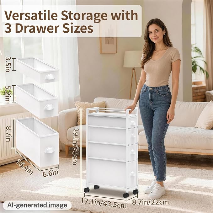 LASZOLA 4 Drawer Narrow Slim Cabinet Skinny Storage Tower Chest, Ideal for Small Spaces, Between Washer and Dryer, Lightweight Mobile on Wheels, Sturdy Fabric Drawers, White