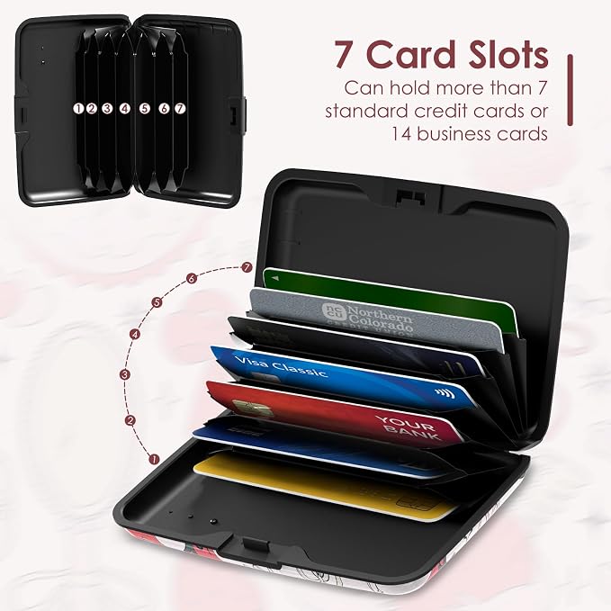 Credit Card Holder for Women, RFID Blocking Aluminum Hard Card Case, Mini Metal Wallet for Business Travel, Pink Bow Love