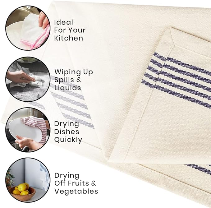 Stripe Kitchen Towels Decor 18x28 in Cotton Tea Dish Towels Boho Embroidery Festive Gift Set of 6 Pantry Kitchen Vintage Farmhouse Reusable Kitchen Dish Towels|Blue