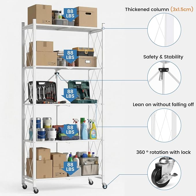 ALANNG 70.7" H Metal Storage Shelves, 5 Tier Folding Shelf on Wheels | Heavy Duty, No Assembly, Rolling, Collapsible Rack Unit for Kitchen, Basement, Pantry (White,2 Pack)