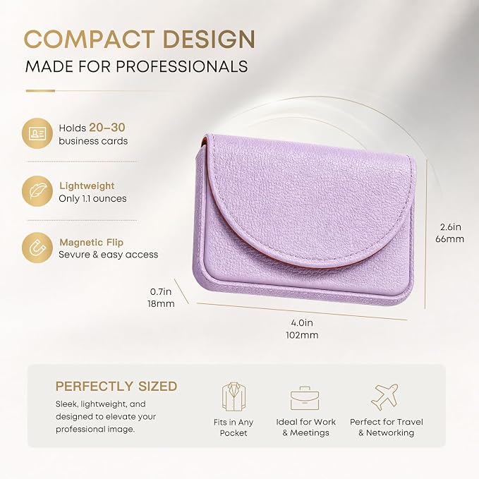 Business Card Holder，PU Leather Business Card Case Wallet Purple | Pocket Travel Name Card Case for Men and Women Gift，Portable Magnetic Business Card Carrier for Purse