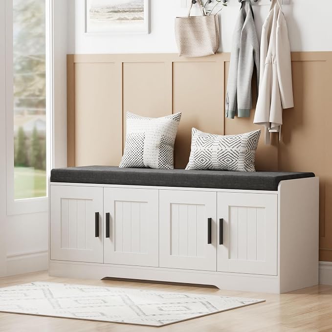 Homleke 2-Tier Storage Bench, Shoe Bench with Thickened Padded Seat Cushion, Entryway Bench with 4 Doors, Adjustable Shelf, 13.8" D x 45.3" W x 18.5" H, for Entryway, Living Room, Bedroom, White