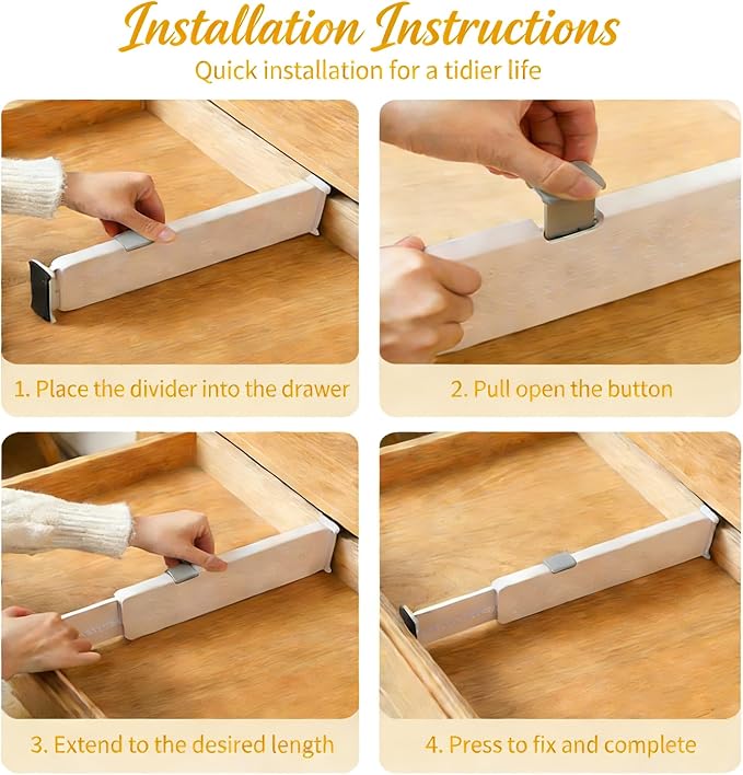 Adjustable Drawer Dividers with Matching Inserts, Expandable Drawer Organizers 3.94" High, 10.83-17.3" Length, for Clothing Kitchen Office (2 Dividers with 2 Matching Inserts)
