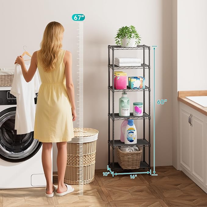 SINGAYE Metal Shelves Wire Shelving Storage Standing Adjustable Shelf Unit | 6 Tier Mesh Units Shelf for Kitchen Laundry Bathroom Closet Organizers Pantry Narrow Home Rack 10" D x 16" W x 63" H Black