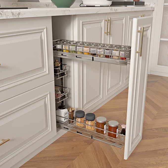 Sikarou 4-Tier 5" W x 21" D Narrow Pull Out Cabinet Organizer, Roll out Spice Rack Holder Shelve, Slide Out Slim Storage Wire Baskets for Storage Organization