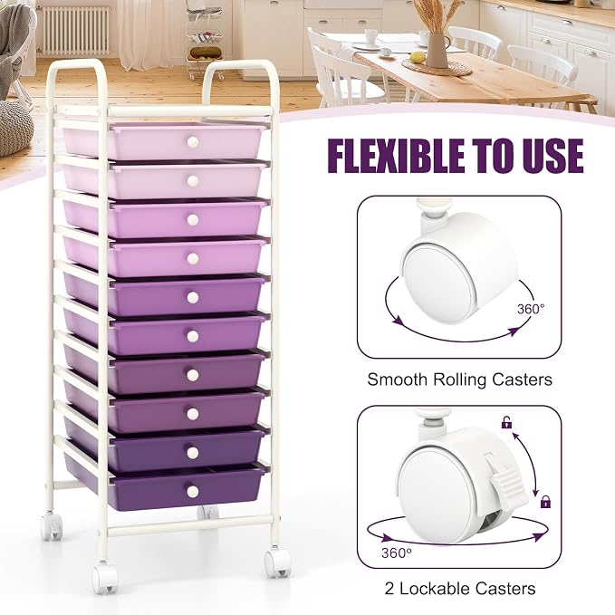 DREAMADE Rolling Cart with Storage Drawers, Utility Cart w/Removable Plastic Drawers, Lockable Wheels, Art Cart for Classroom Organization Art Supplies Office Scrapbook (10 Drawers, Gradient Purple)