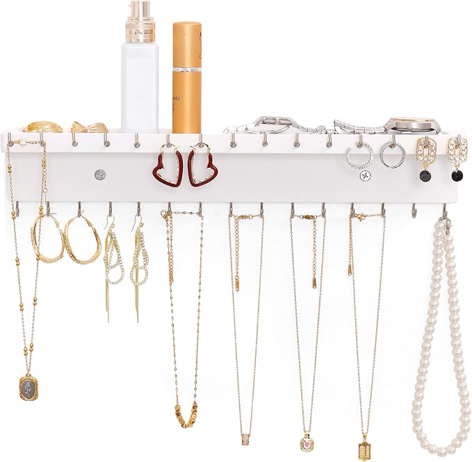 Necklace Holder Organizer Wall Mount,Jewelry Holder Organizer with 30 Hooks,Oak Jewelry Organizer and Storage for Necklaces,Bracelets and Rings (White)