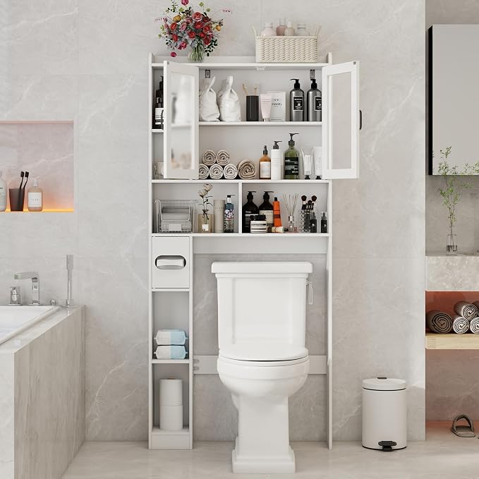 Vabches Over The Toilet Storage Cabinet, Farmhouse Storage Cabinet Over Toilet with Acrylic Doors，Home Space-Saving Toilet Rack, for Bathroom, Restroom, Laundry, White