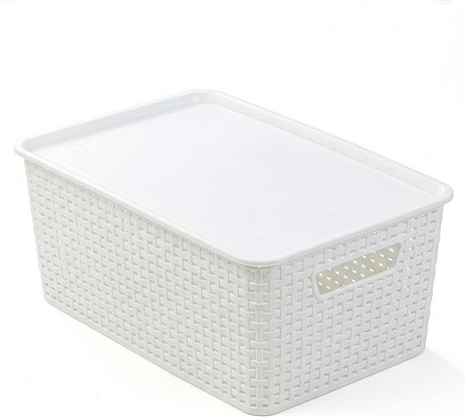 BINO | Plastic Storage Baskets with Lids, 15.5 Liter - 3 Pack, White | THE WOVEN COLLECTION | Storage Basket for Shelves Woven Storage Baskets for Organizing Bins Pantry Shelf Organizer Container Bin