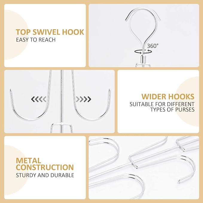 ZEDODIER Purse Organizer for Closet, Rotatable Purse Hanger Bag Holder, Max 8 Storage Capacity Backpack Rack, Metal Space Saving Hanger, Silver