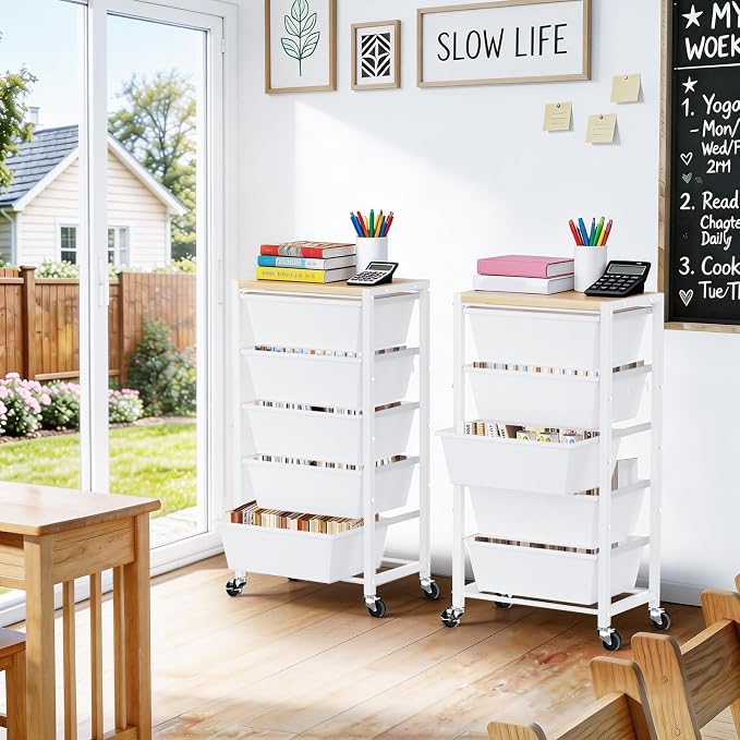 Rolling Cart with 5 Drawers, Plastic Drawer Storage Carts with Wheels & Wooden Tabletop, Metal Utility Cart for Office Bedroom Living Room Classroom, Craft Organization and Storage, White