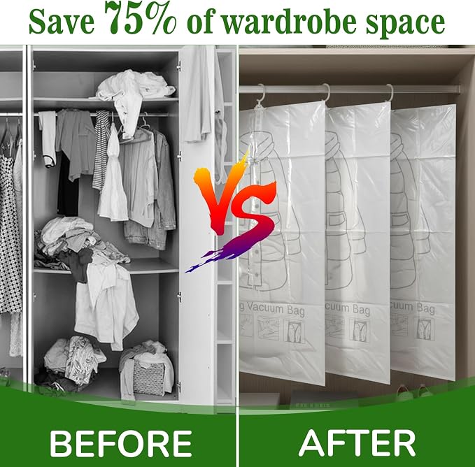 6 Pack Hanging Vacuum Storage Bag, 2 Sizes: 43.3 x 27.6 inch & 35.4 x 27.6 inch Hanging Vacuum Sealer Storage Space Saver Bags, Reusable Space Saver Bags, for Suits, Dress, Jackets, Clear