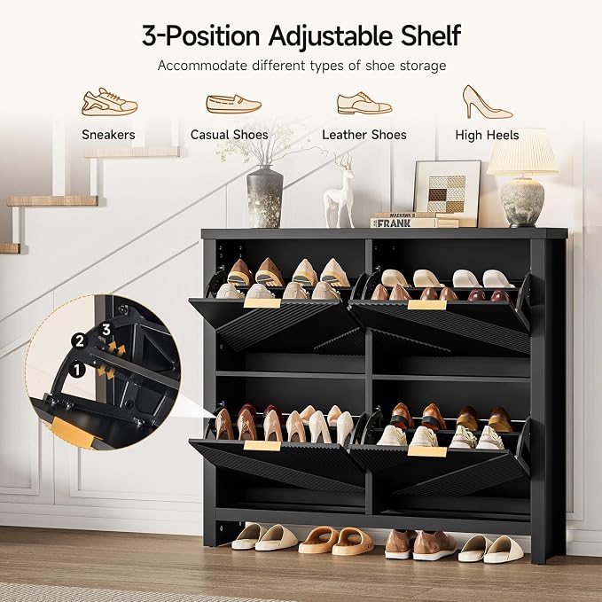 Shoe Cabinet with 4 Flip Drawers & Symmetric Groove Pattern for Entryway | 44.5''W x 9.2''D x 39.4'' Black Fit for 16-24 Pairs of Shoes Slim Narrow Hidden Shoe Storage Cabinet for Hallway Living Room