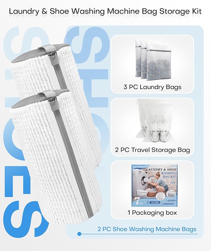 3-IN-1 Laundry & Shoe Washing Machine Bag : Laundry Shoe Bag for Washer & Dryer,Shoe Cleaning Bag for Sneakers,Tennis,Self-locking Zipper & Microfiber,Include 3 Laundry Bag & 2 Shoe Bag