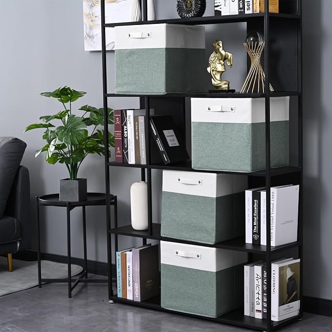 FinishingBo 13 x 13 Inch Fine Linen Storage Bins with Handles，Fabric Cube Boxs，Basket Organizers for Shelves for Home, Closet Drawers (White/Green-4 Pack )