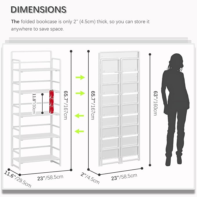 4NM No Assembly 5 Tiers Folding Bookshelf Storage Shelves Vintage Bookcase Standing Racks Study Organizer Home Office (All White)