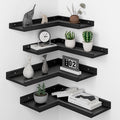4-Tier L-Shaped Pine Wood Wall Shelf - Floating Corner Shelves with Lip, Black, Modern, Living Room, Bedroom, Bathroom Storage