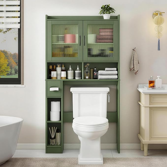 Vabches Over-The-Toilet Storage Cabinet, Farmhouse Style with 2 Acrylic Waves Doors, Space-Saving Home Storage Rack for Restroom, Bathroom and Laundry Room. Green