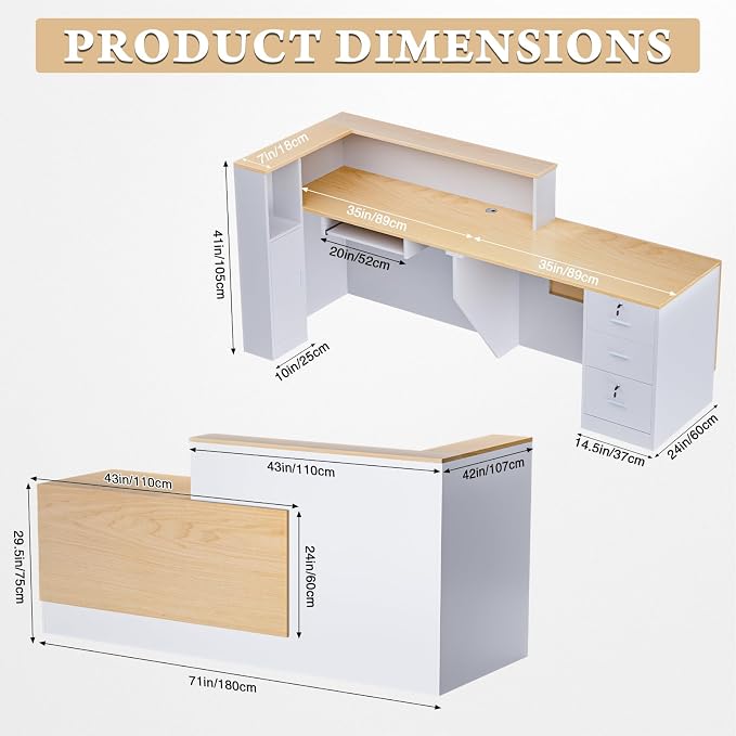 Ceridwen L-Shaped Large Wooden Reception Desk, Modern Front Desk Reception Counter with Lockable Drawers, Storage & Keyboard Tray for Office Lobby Checkout (Left-Oak & White, 71''L x 34''W x 41''H)