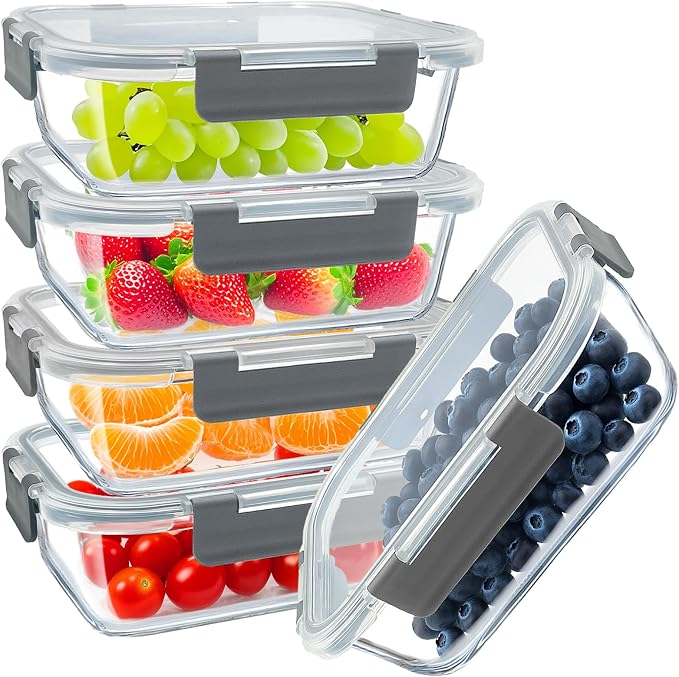 5 Packs 36oz Glass Food Storage Containers with Lids, Stackable Borosilicate Glass Bowls Meal Prep Lunch Containers Microwave Oven Freezer Safe (Gray-5)