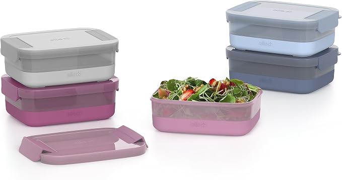 Ello Plastic 3.7 Cup Meal Prep Set 10 Pc, BPA Free Plastic Food Storage Container with Silicone Boot and Airtight Lids, Dishwasher, Microwave, and Freezer Safe, Elderberry (Pack of 2)
