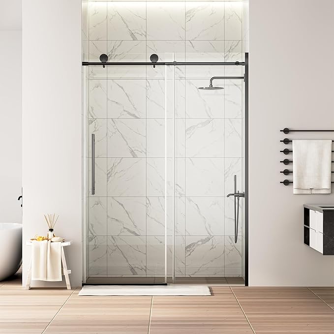 WinZo Frameless Shower Door 50-54 in W x 75 in H, Sliding Shower Door with 5/16"(8mm) Clear Tempered Glass Shower Doors, Easy to Clean Bathroom, Silent Soft-Close Design, Matte Black