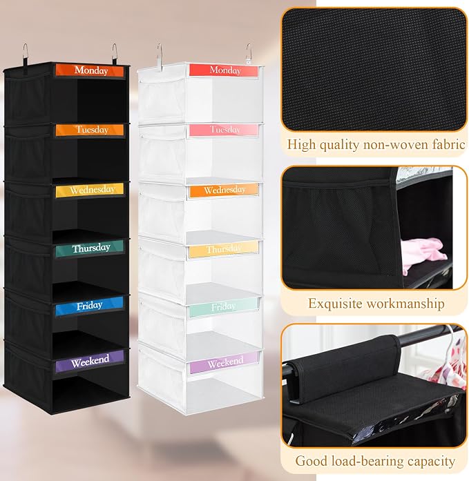 Amylove 2 Pack 6 Shelf Weekly Clothes Organizer for Kids with Side Pocket, 47 Inch Days of the Week Clothes Organizer, Monday to Friday Daily School Outfits Clothing Divider for Kids(Black,White)