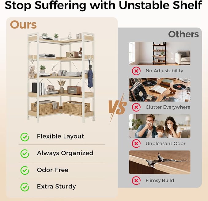 GTPLAYER 5-Tier Corner Bookshelf, L-Shaped Metal Frame Shelf with Tall 14" Shelves, Plant Stand and Storage Rack for Small Spaces, Living Room and Home Office, Light Oak